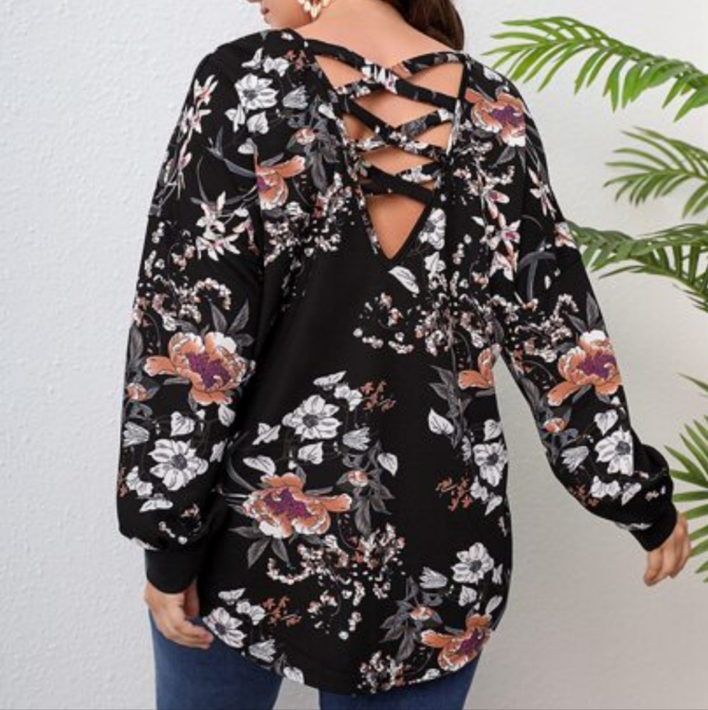 SHEIN Women's Floral Criss-cross Back Lantern Sleeve Tunic